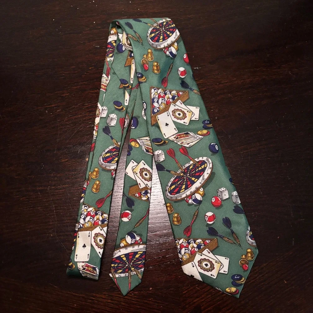 Vintage Lands End Green Silk Novelty Casino Tie‎ Darts Billiards Poker Cars